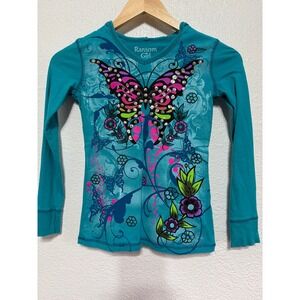 Vintage Y2K Ransom Girl Teal Butterfly Rhinestone Graphic Hooded Long Sleeves M